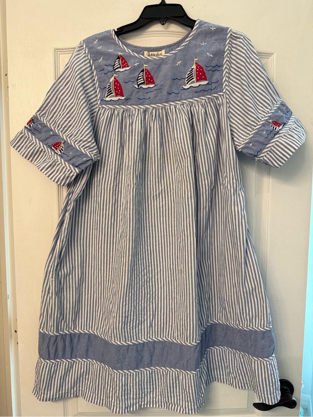 Bechamel Sailboat Embroidered Blue Stripe Cotton Pocket Dress Women’s M Coastal